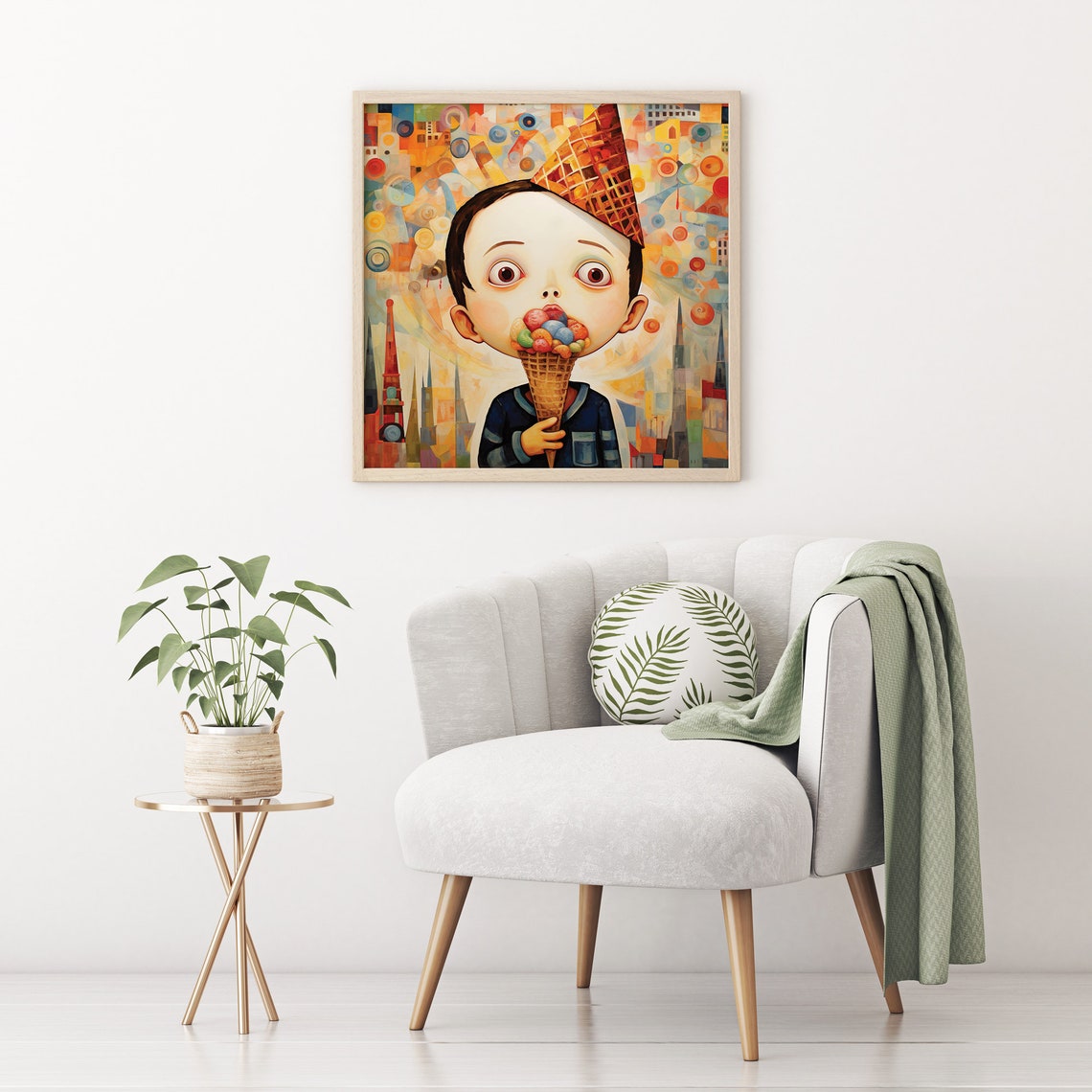 Whimsical Boy Eating Ice Cream Big Eyes Abstract City Kids Art Print - Image 3