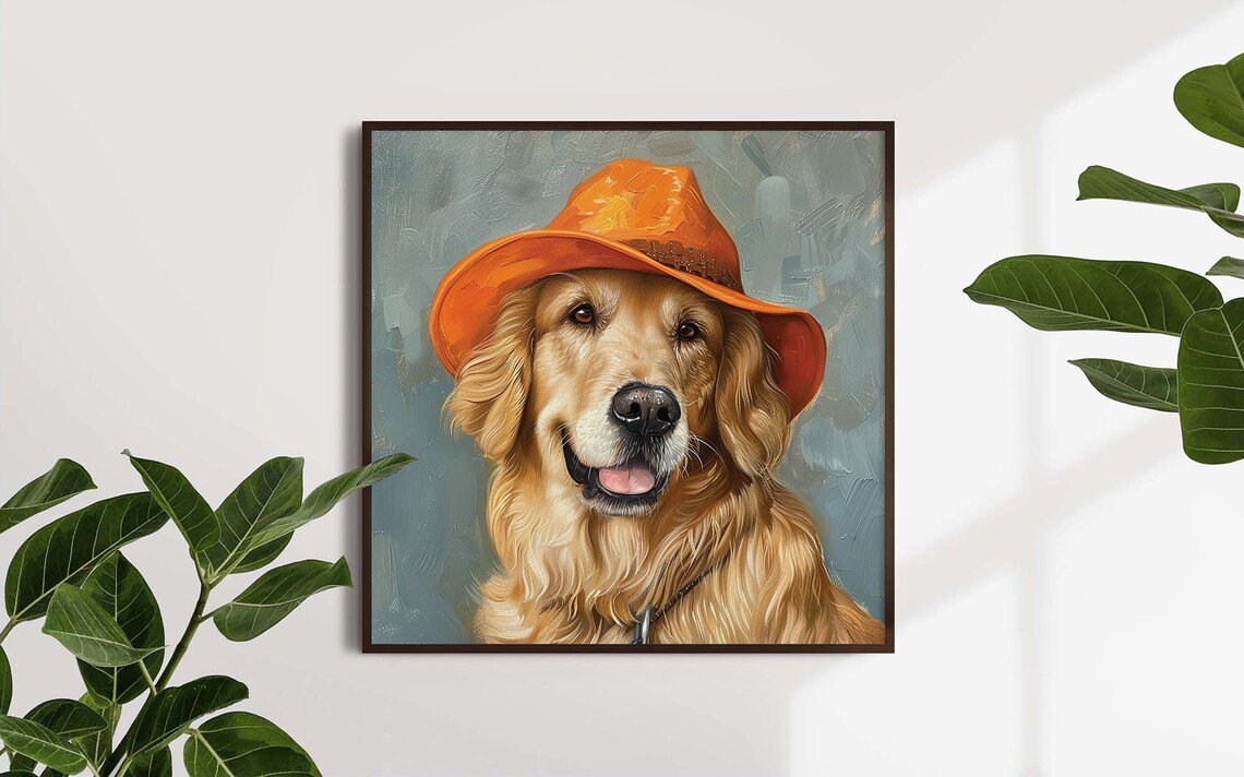 Golden Retriever Smiling Orange Hat Oil Painting Dog Portrait Poster - Image 4