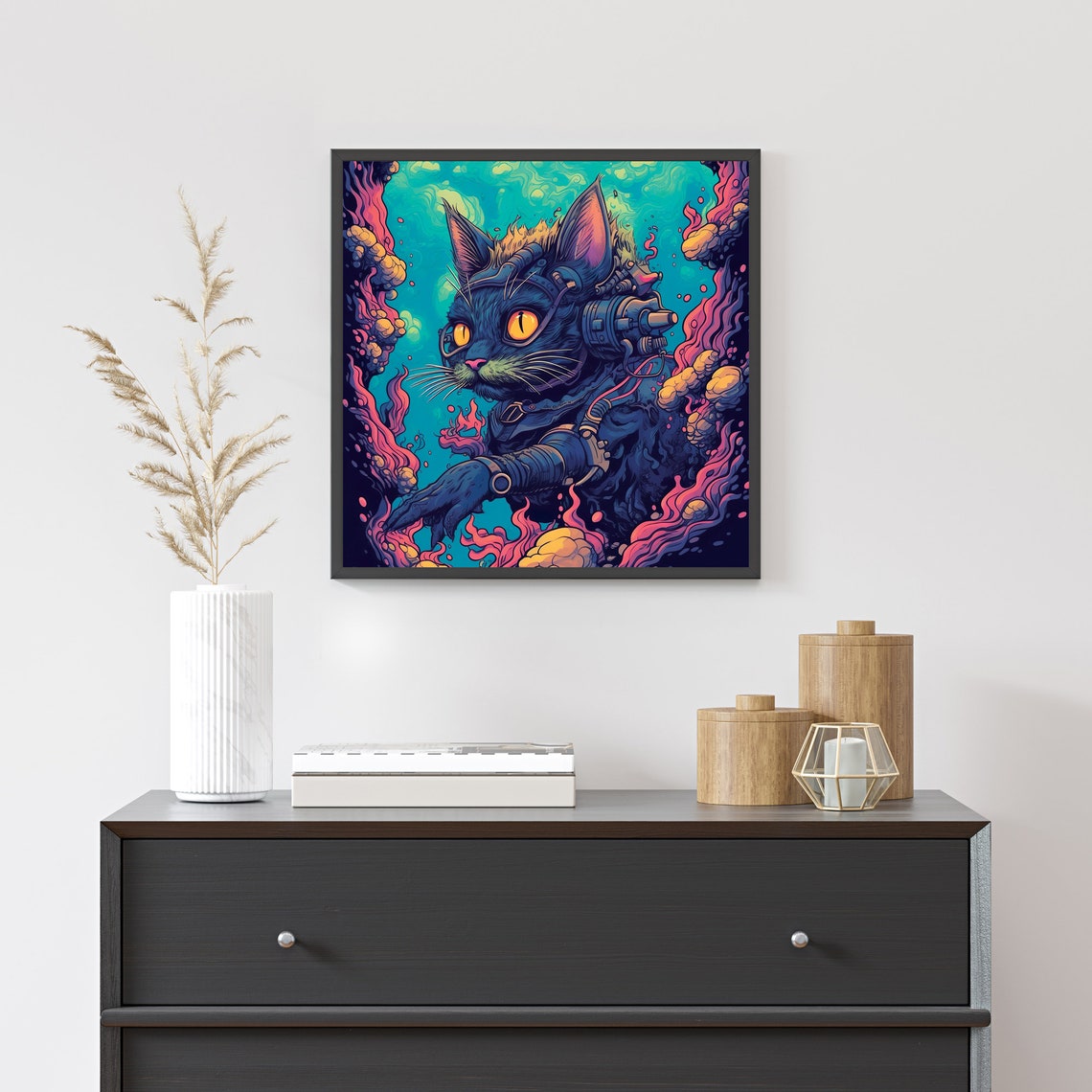 Cool Cyberpunk Black Cat Diver Neon Underwater Graffiti Wall Art - Image 5
