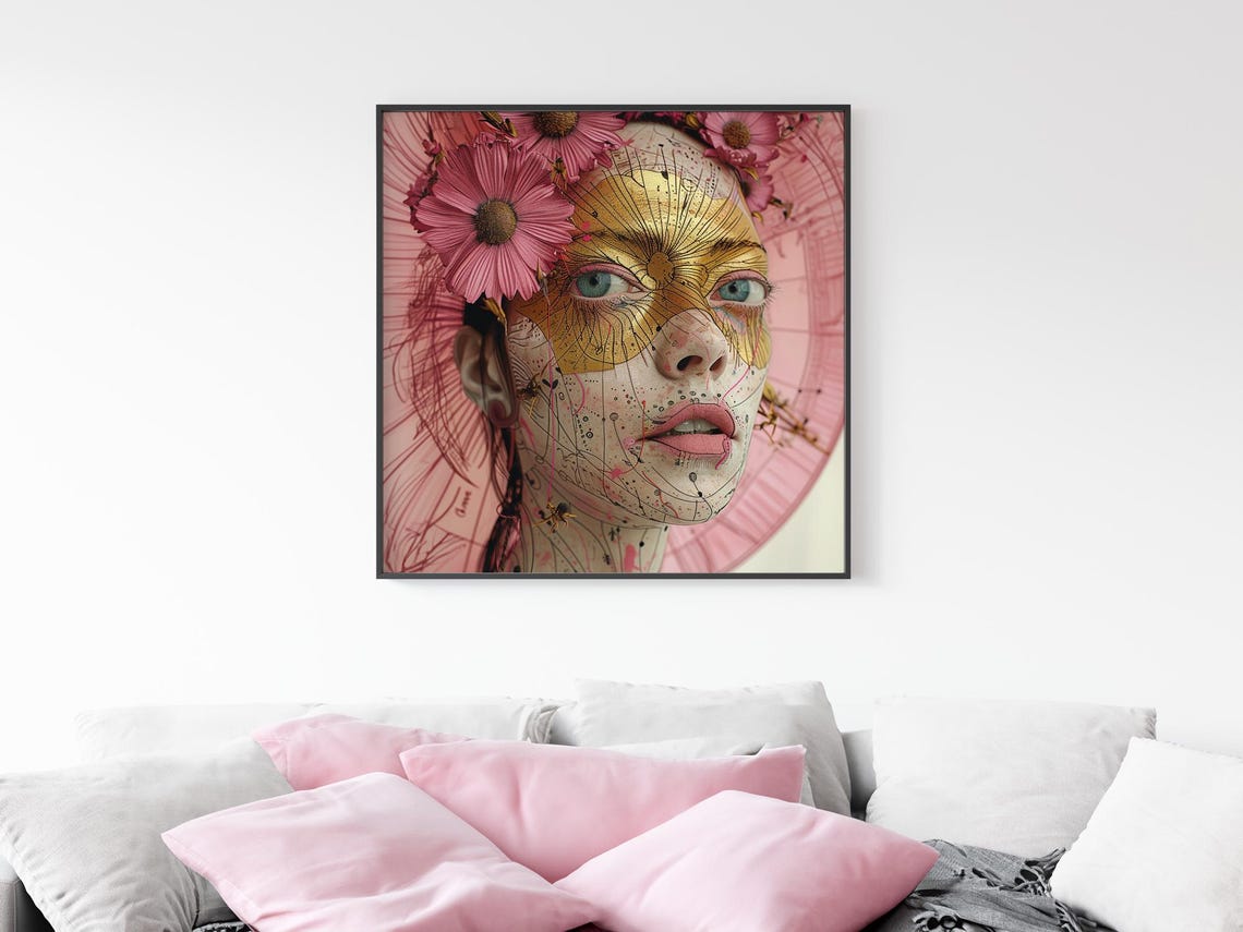 Golden Line Face Mask Pink Flowers Avant Garde Woman Art Poster - Image 3