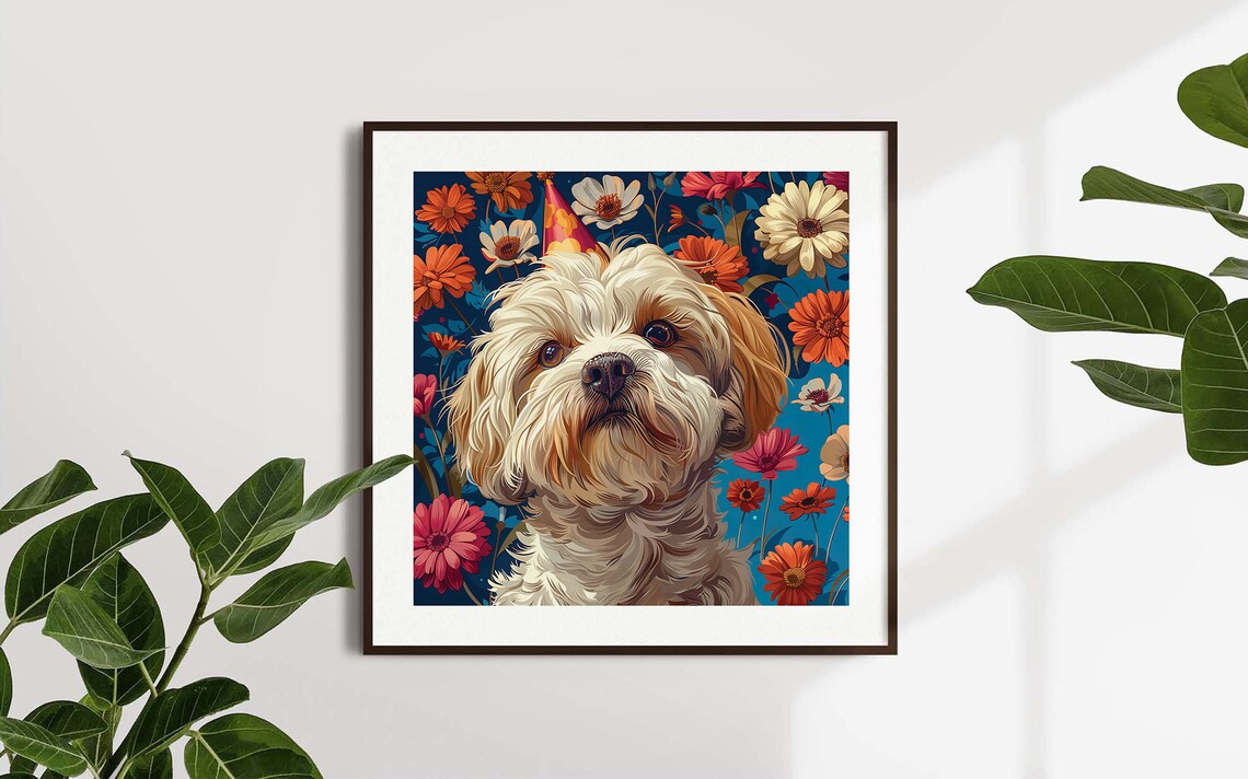 Fluffy Birthday Dog With Party Hat Colorful Flower Garden Art Poster - Image 3
