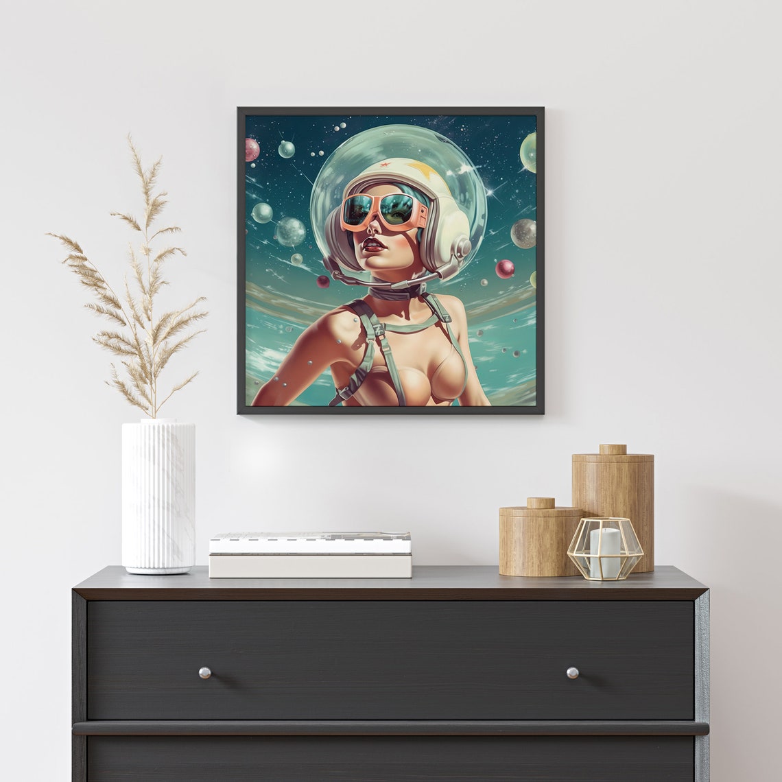 Retro Pinup Woman Astronaut In Space Helmet Vintage Sci Fi Poster - Image 2