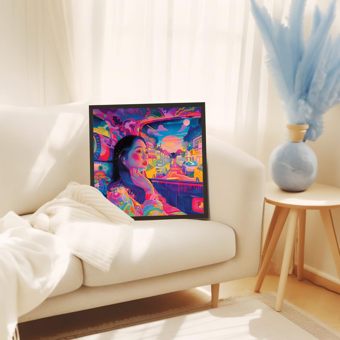 Beautiful Neon City Taxi Night Ride Dreamy Woman Psychedelic Wall Art - Image 5