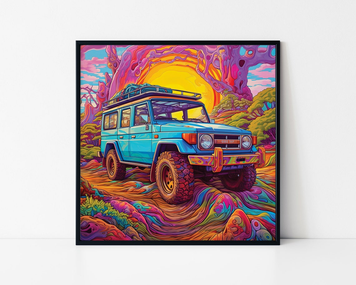 Blue 4x4 SUV Psychedelic Sunset Good Trip Road Adventure Poster