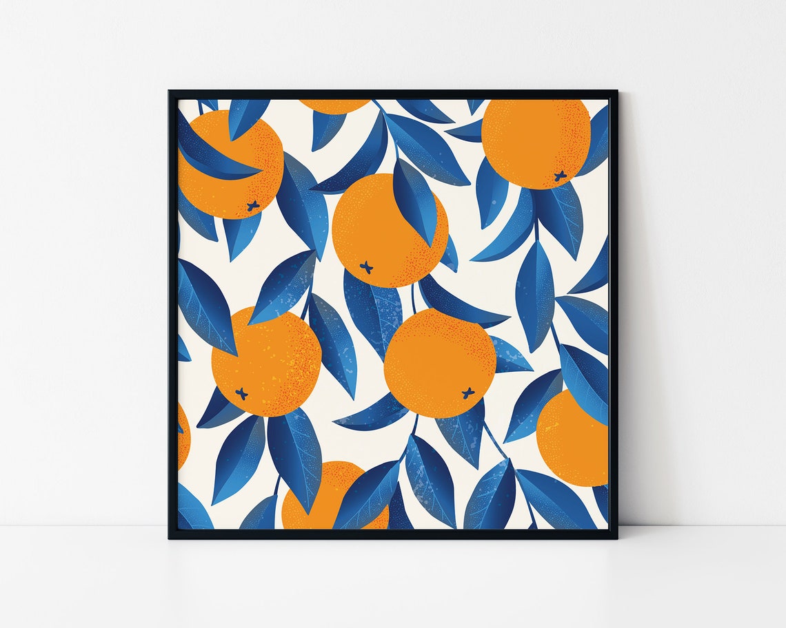 Orange Citrus Fruit Blue Leaf Pattern Modern Kitchen Decor Poster