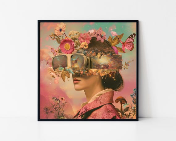 Futuristic Woman VR Goggles Floral Dream Surreal Collage Poster