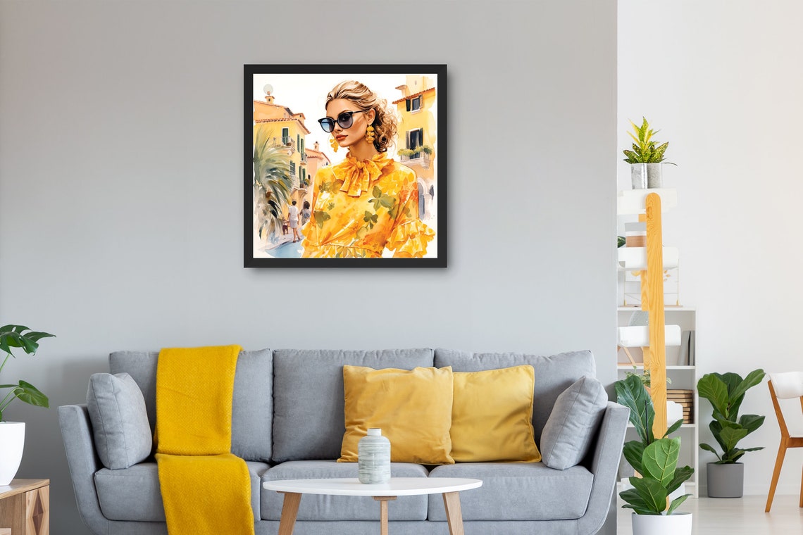 Watercolor Painting Of A Stylish Woman Wearing Sunglasses Framed Poster Fashionista Woman In Yellow Wall Art - Image 3