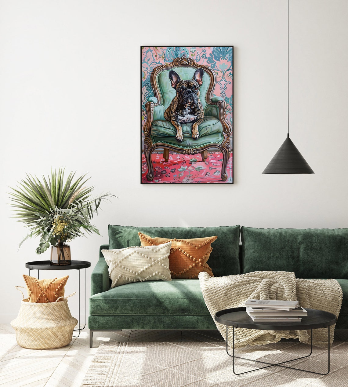 Elegant French Bulldog Sitting On An Antique Chair In Oil Painting Style Framed Poster Bulldog Portrait Dog Wall Art Wall Hanging - Image 3