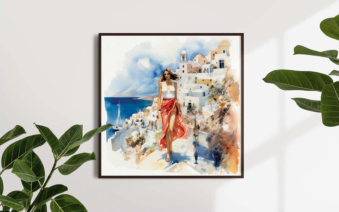 Beautiful Woman In Santorini Greece Framed Poster Santorini Greece Watercolor Poster Greece Watercolor Poster Travel And Fashion Poster - Image 5
