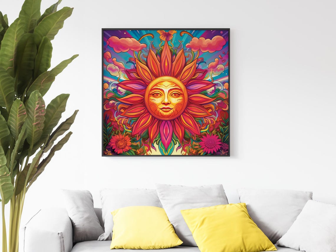 Psychedelic Sun With Face Colorful Boho Sunburst Flower Poster - Image 5
