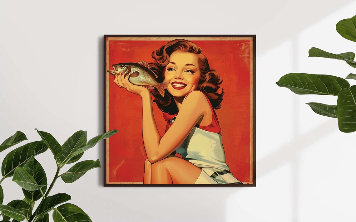 Vintage Pin Up Girl Holding Fish Retro Funny Fishing Humor Poster - Image 3
