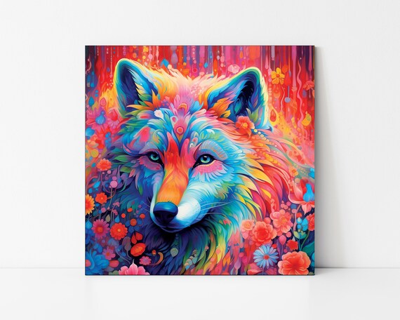 Colorful Rainbow Wolf Face Vibrant Floral Wildlife Pop Art Poster