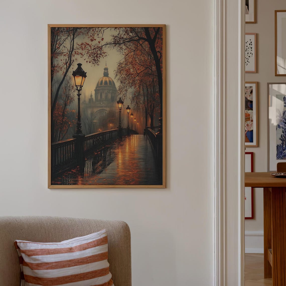 Rainy Autumn City Bridge Moody Evening Lamplight Painting Poster - Image 4