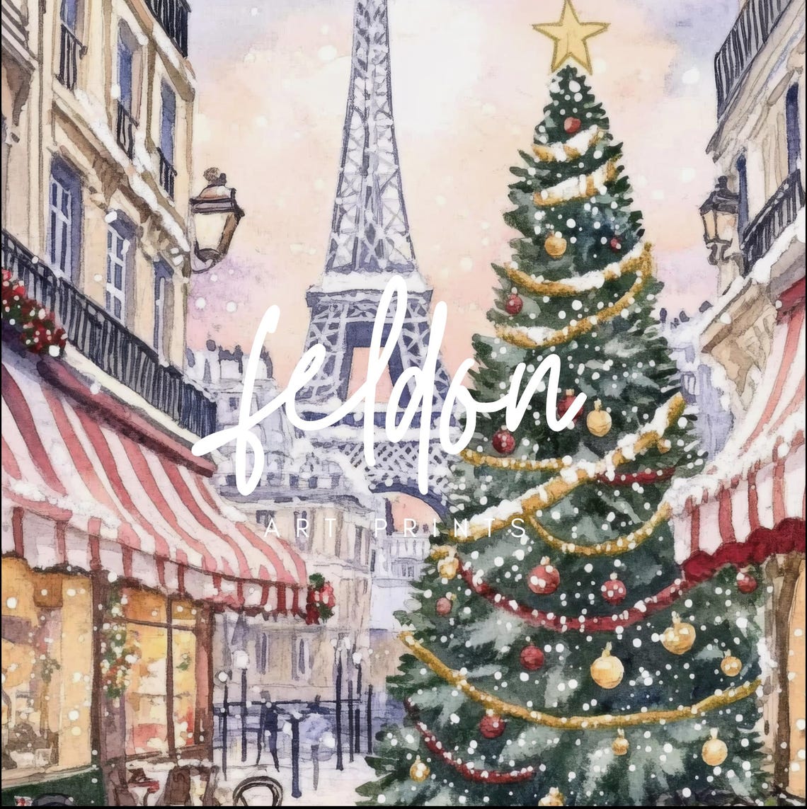Christmas In Paris Eiffel Tower Tree Snowy Cafe Street Poster - Image 2
