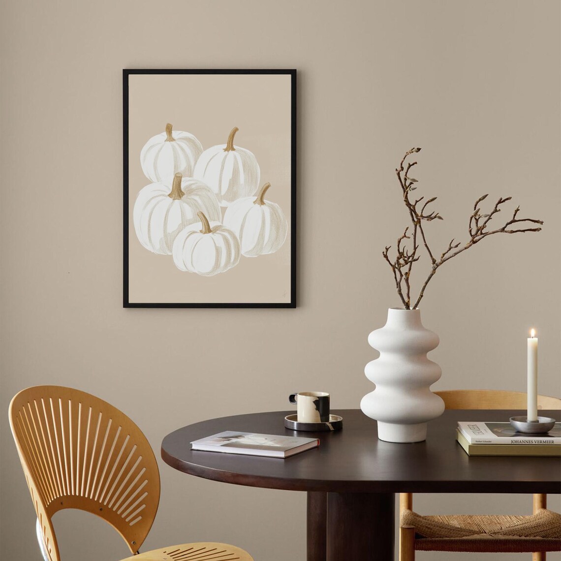 White Pumpkins Neutral Minimalist Beige Fall Painting Poster - Image 2