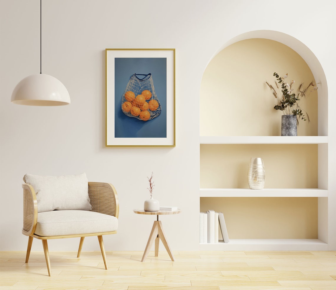 Mesh Bag of Oranges on Deep Blue Modern Fruit Still Life Wall Art - Image 4