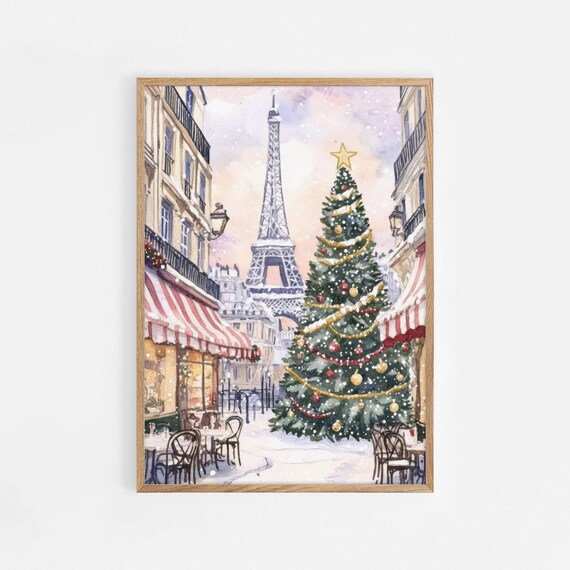 Christmas In Paris Eiffel Tower Tree Snowy Cafe Street Poster