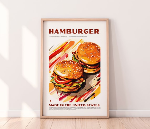 Burger Poster Food Print Retro Posterhousewarming Gift Kitchen Decor Mid Century Minimalist