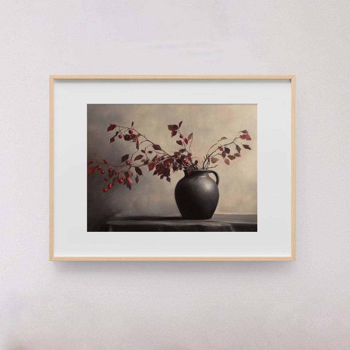 Burgundy Berry Stems Dark Ceramic Vase Moody Still Life Poster - Image 3