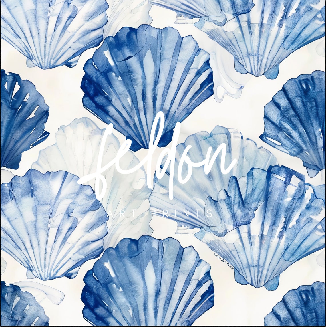 Blue Scallop Seashell Watercolor Pattern Coastal Wall Poster - Image 2