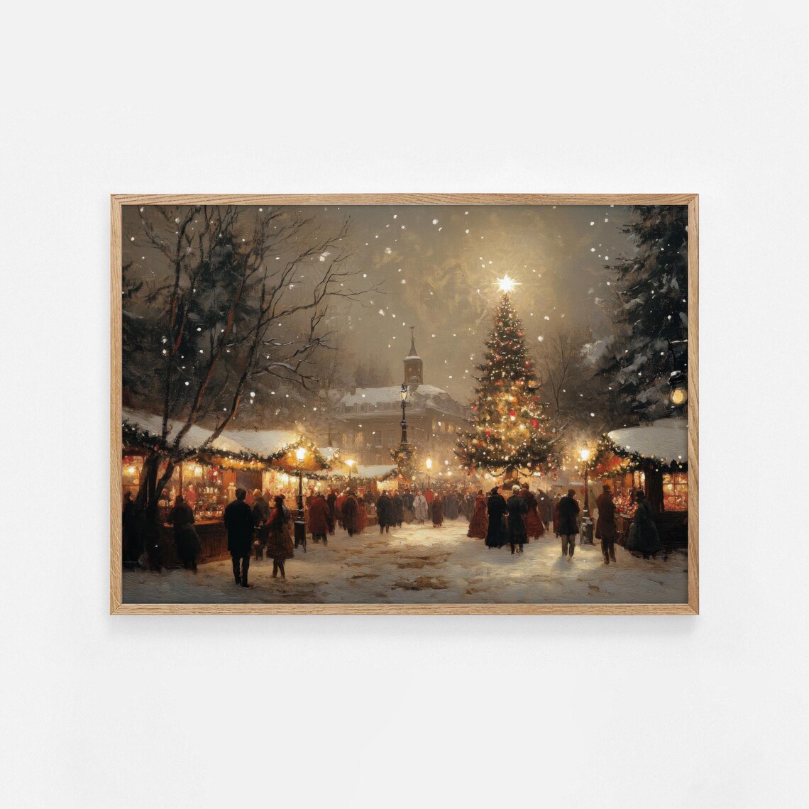 Snowy European Christmas Market Crowd Vintage Holiday Poster