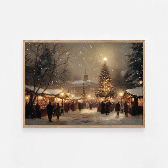 Snowy European Christmas Market Crowd Vintage Holiday Poster