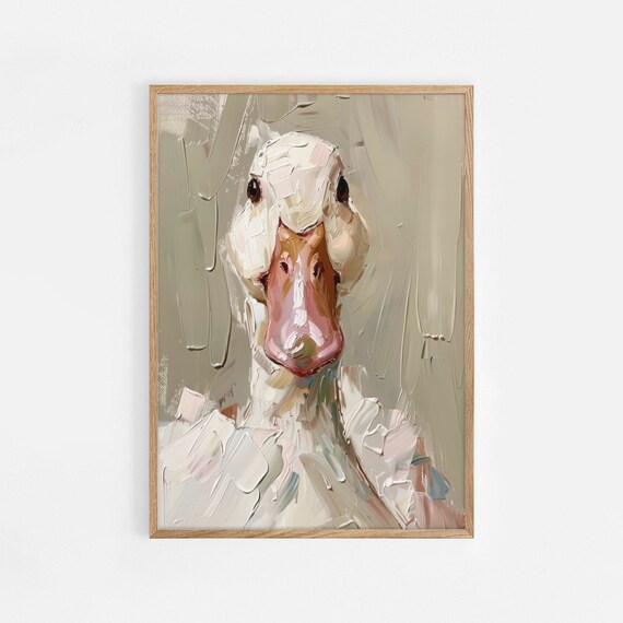 White Duck Portrait Oil Painting Cute Farm Animal Nursery Decor Poster