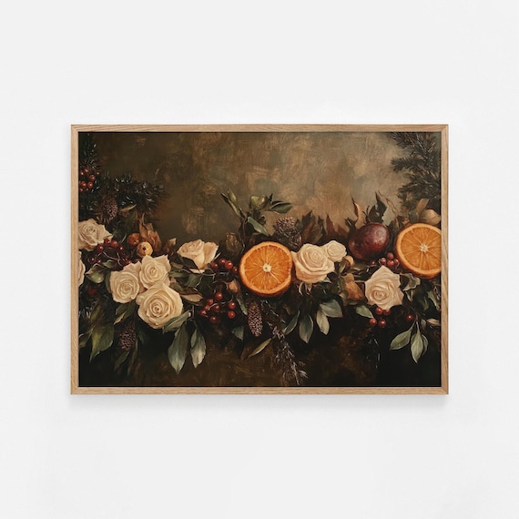 Moody Floral Garland Cream Roses Orange Slices Winter Poster