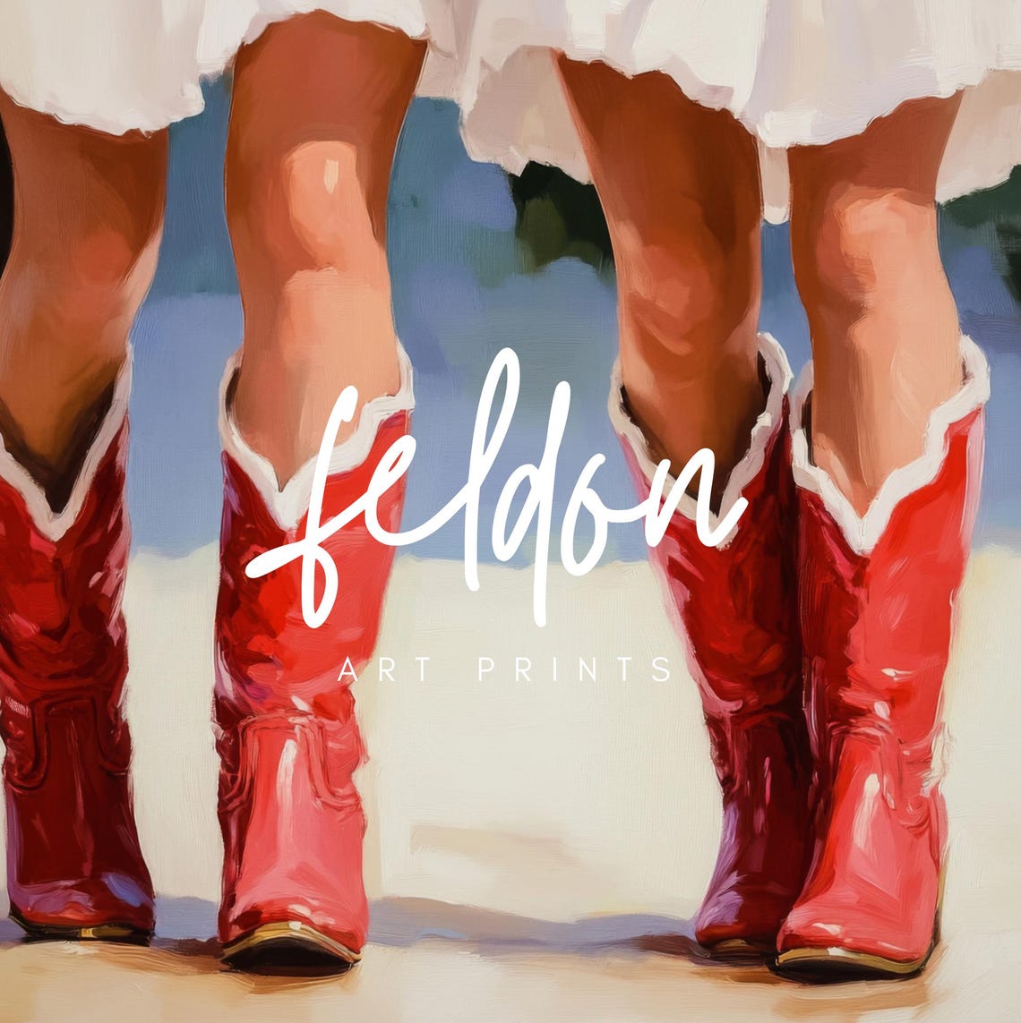 Sunny Red Cowgirl Boots Beach White Skirt Western Painting Poster - Image 3