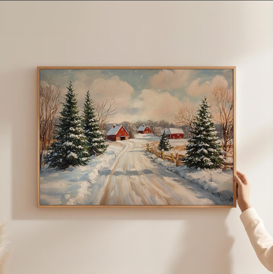 Snowy Country Road Red Barns Winter Landscape Painting Poster - Image 3