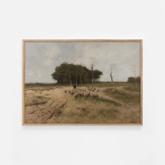 Vintage Countryside Landscape Wall Art Sheep Herding Antique Living Room Wall Neutral Vintage Art Moody Oil Painting