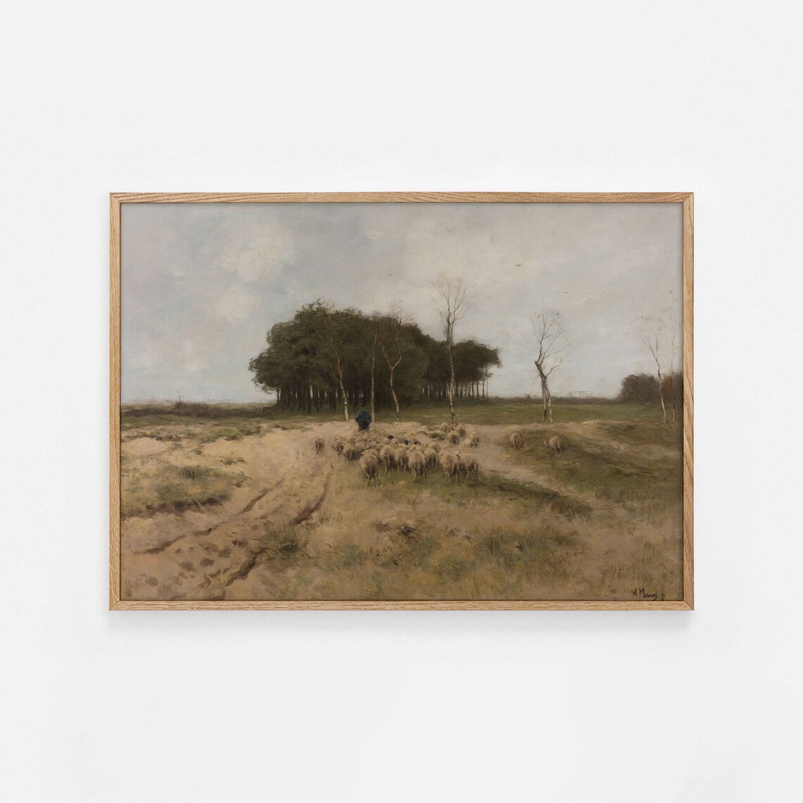 Shepherd Guiding Sheep Flock Across Moor Vintage Pastoral Poster