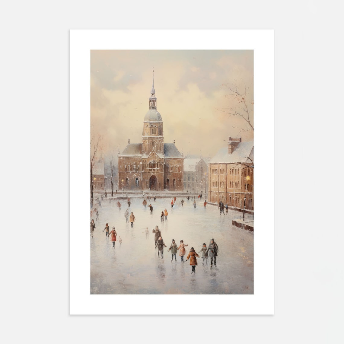 Winter Town Square Ice Skating Vintage Church Tower Scene Poster - Image 4