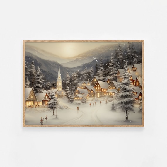 Vintage Snowy Village Christmas Night Glowing Windows Winter Poster