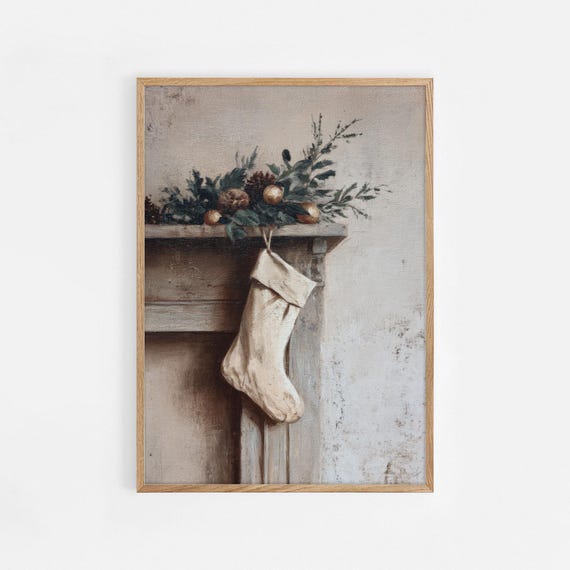 Neutral Christmas Mantel Wall Art Cozy Holiday Stocking Print Rustic Decor Vintage Fireplace 1124