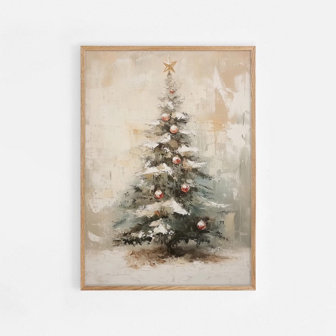 Neutral Snowy Christmas Tree Gold Star Topper Holiday Art Poster