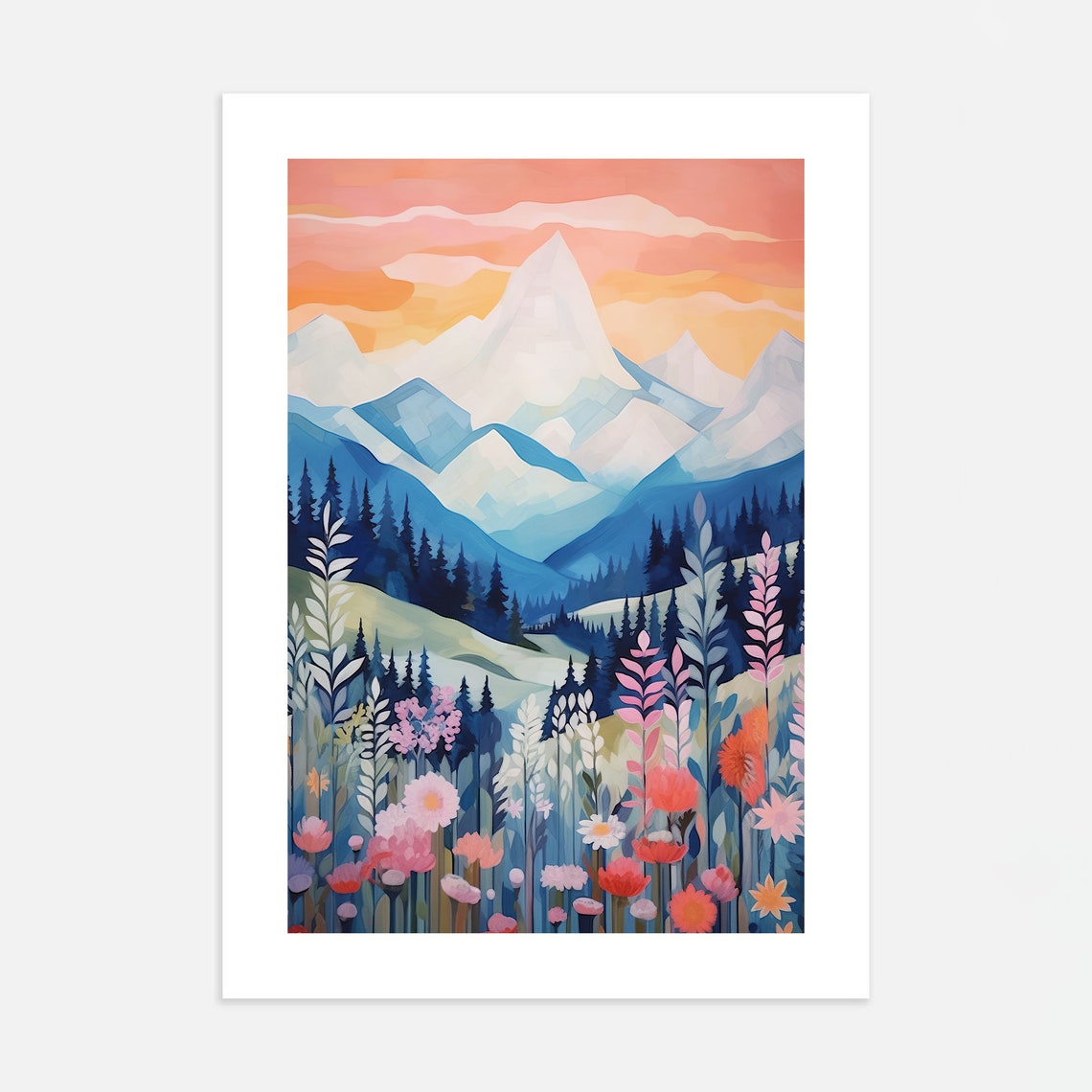 Snowy Mountain Sunset Wildflower Meadow Colorful Landscape Poster - Image 4