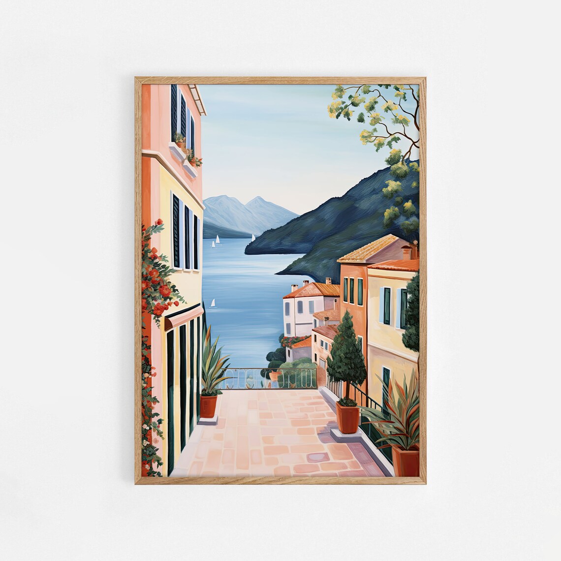 Italian Lakeside Town Terrace Pastel Buildings Sailboats Travel Poster