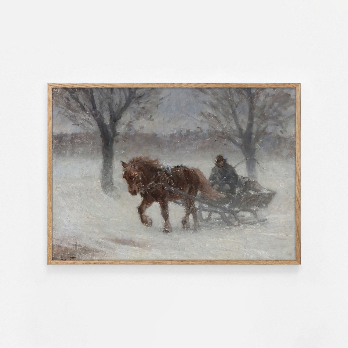Country Winter Sleigh Ride Horse Drawn Sled Snowstorm Vintage Poster