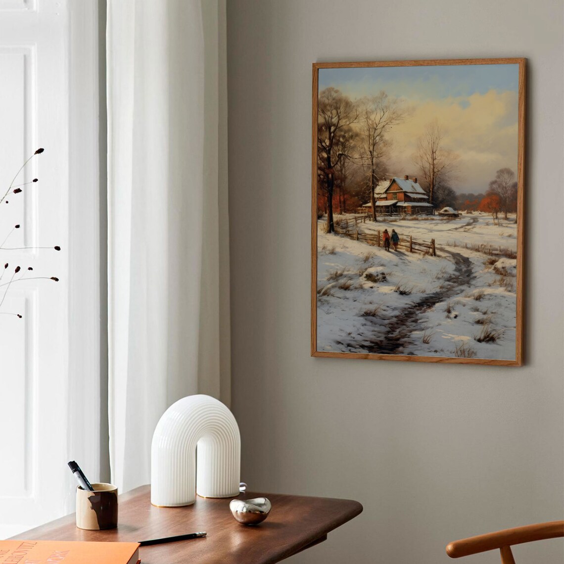 Snowy Farmhouse Path Two Walkers Winter Oil Painting Wall Art - Image 3