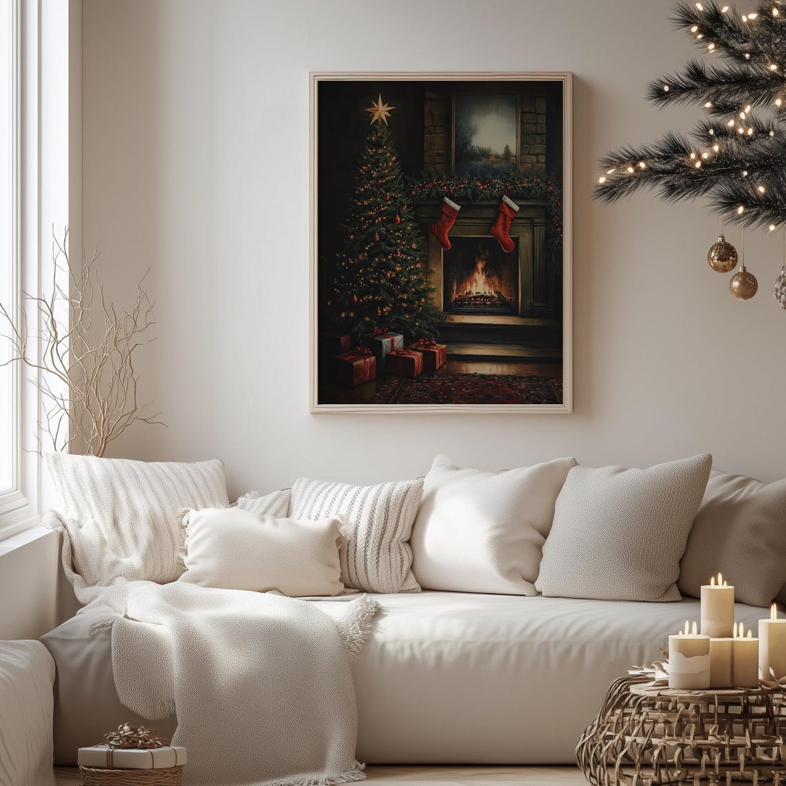 Cozy Christmas Living Room Fireplace Tree Night Scene Poster - Image 4
