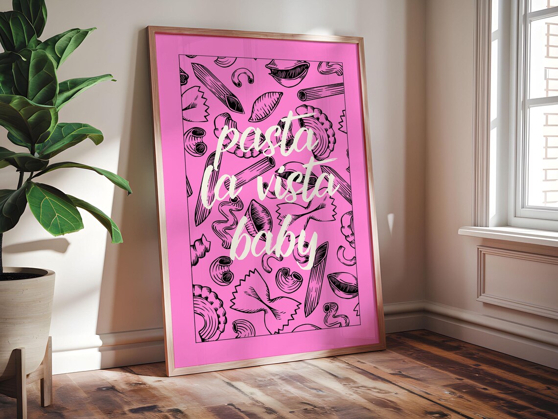 Pasta La Vista Baby Pink Pasta Shapes Playful Kitchen Typography Poster