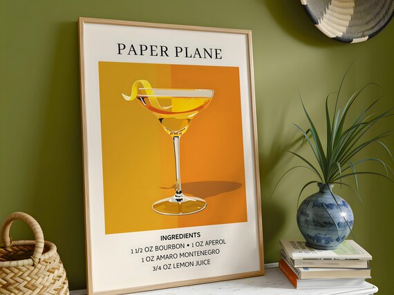 Paper Plane Classic Cocktail Recipe Bar Art Ingredients Poster