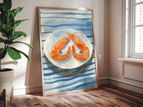 Two Cooked Prawns on a Plate Watercolor Seafood Kitchen Art Poster