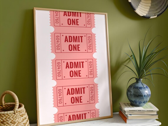 Admit One Pink Cinema Ticket Stubs Retro Movie Night Wall Poster