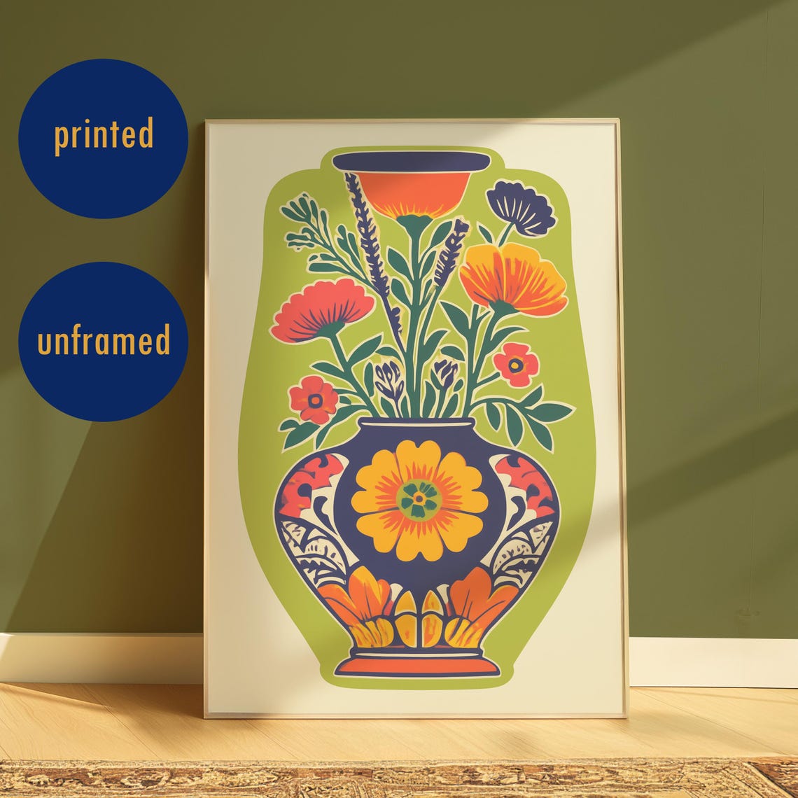 Retro Floral Vase Orange Poppies Funky Botanical Green Poster