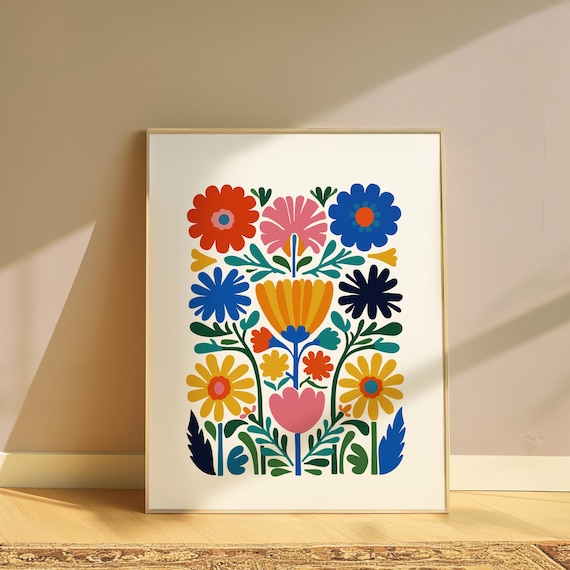 Colorful Folk Art Floral Bouquet Red Blue Yellow Flowers Poster