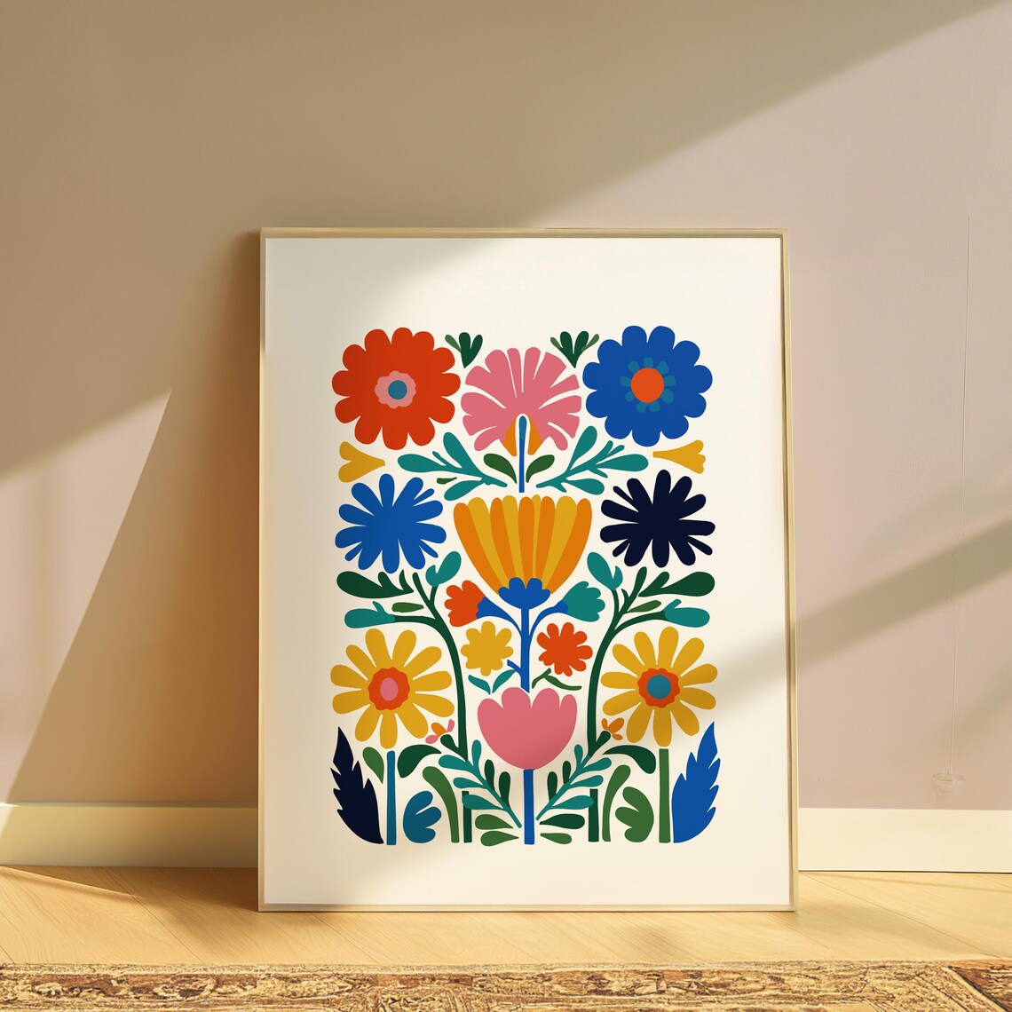 Colorful Folk Art Floral Bouquet Red Blue Yellow Flowers Poster