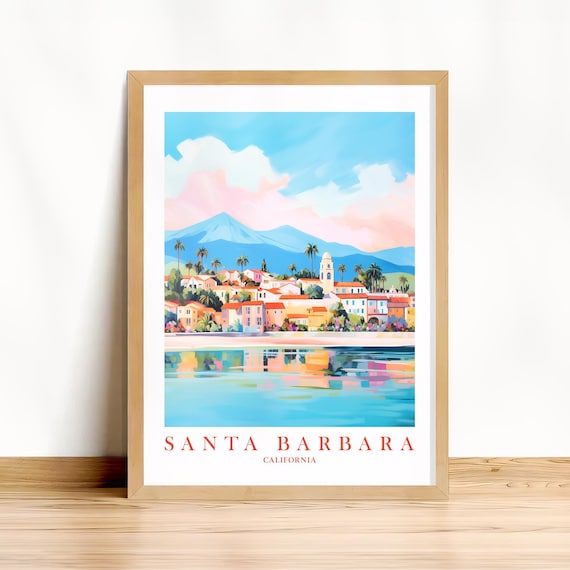 Santa Barbara California Pastel Harbor Town Waterfront Travel Poster