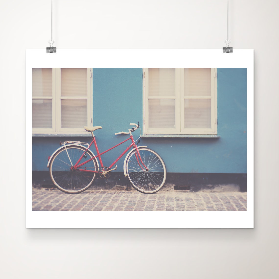 Red Bicycle Against Blue Wall Copenhagen Street Travel Photo Print